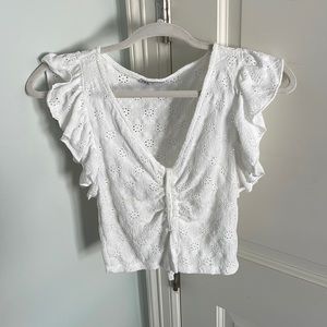 white Zara top, frilly sleeves and ruched/tie front, size small